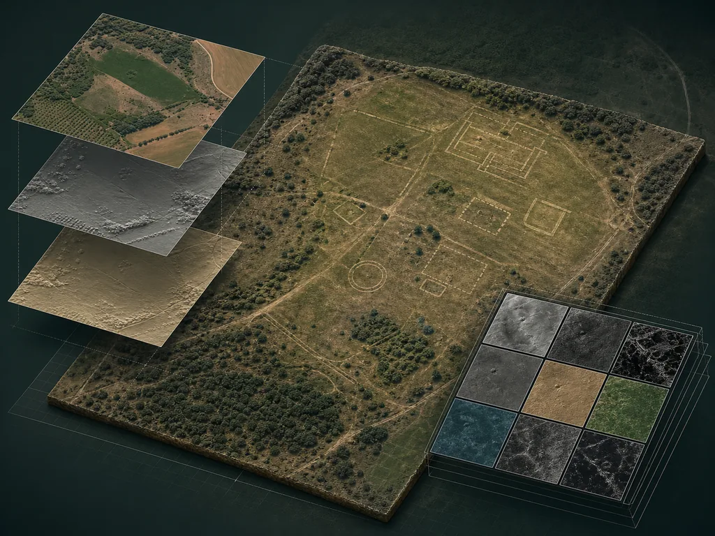 AI-generated conceptual illustration of orthophoto and elevation layers screening subtle archaeological candidates, not a confirmed site map.