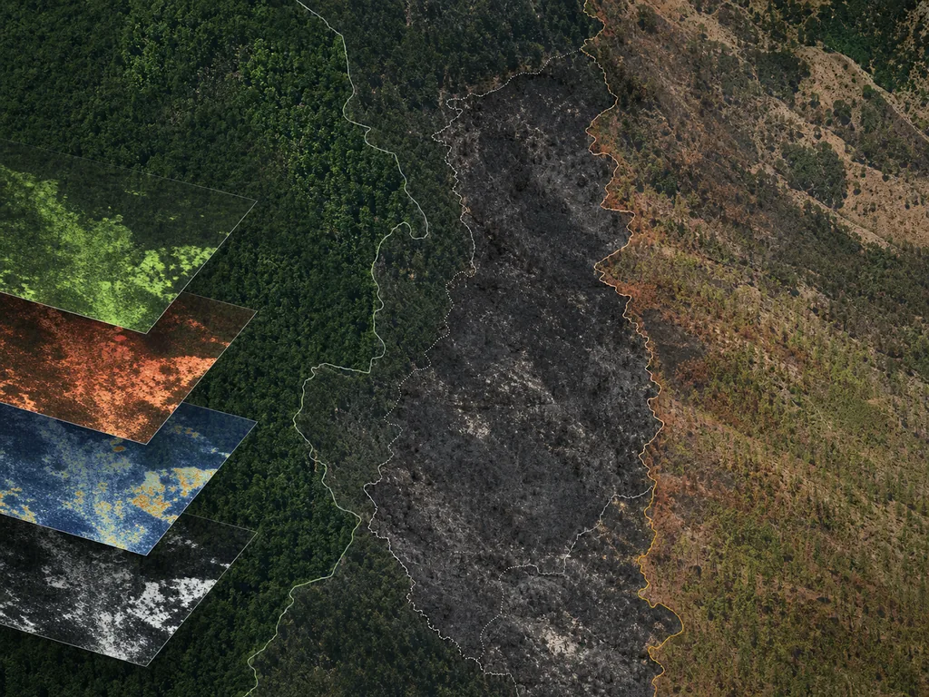 AI-generated conceptual satellite view of forest, burned terrain and spectral analysis layers, not a specific real fire or classification result.