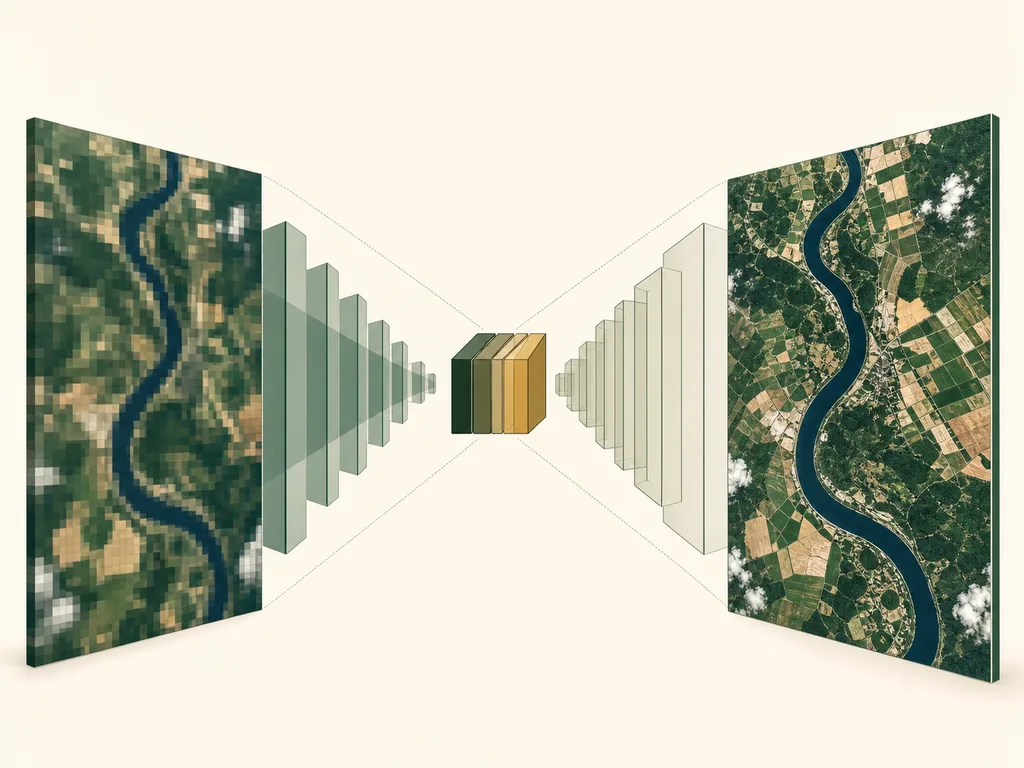AI-generated conceptual illustration of a coarse satellite image passing through an autoencoder into a sharper reconstruction, without claimed performance values.