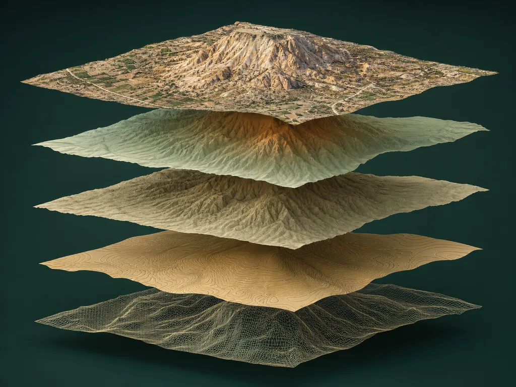 AI-generated conceptual illustration of aligned orthophoto, digital surface, digital terrain, contour and mesh layers, not measured project output.