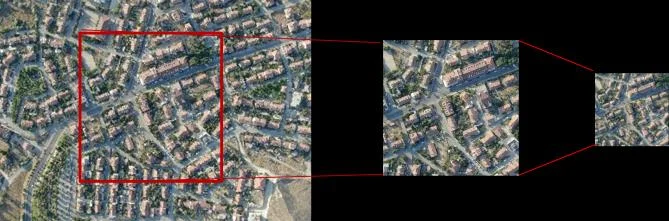 Successive views of a nadir aerial image being centre-cropped and resized for model training.