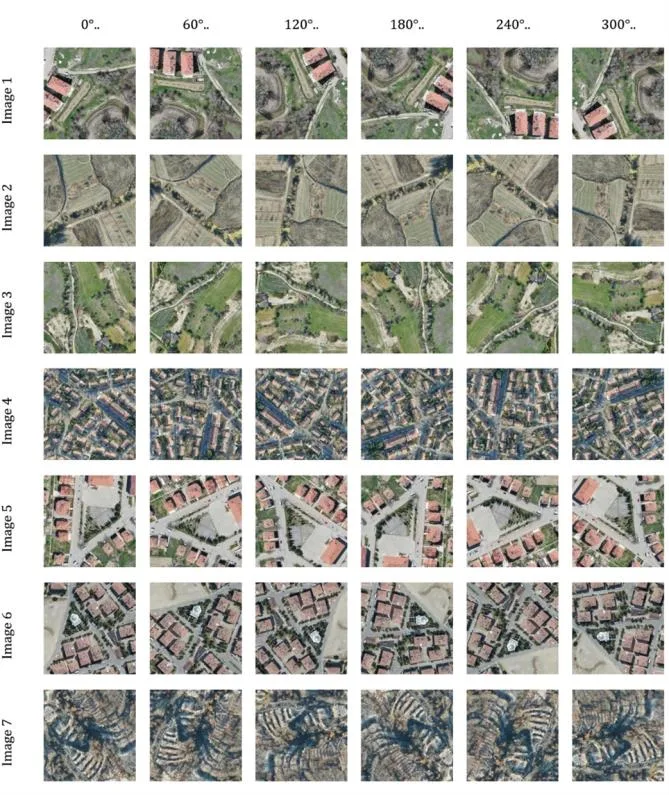 Rows of real nadir UAV images rotated at 30-degree intervals for deep learning data augmentation.